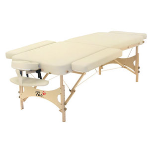 Klankschalen Massagetafel 202x81cm + verstelbare hoofdsteun + hangende armsteun + verlengstuk + 2 zijdelingse verbreders Crème + draagtas TAO-line